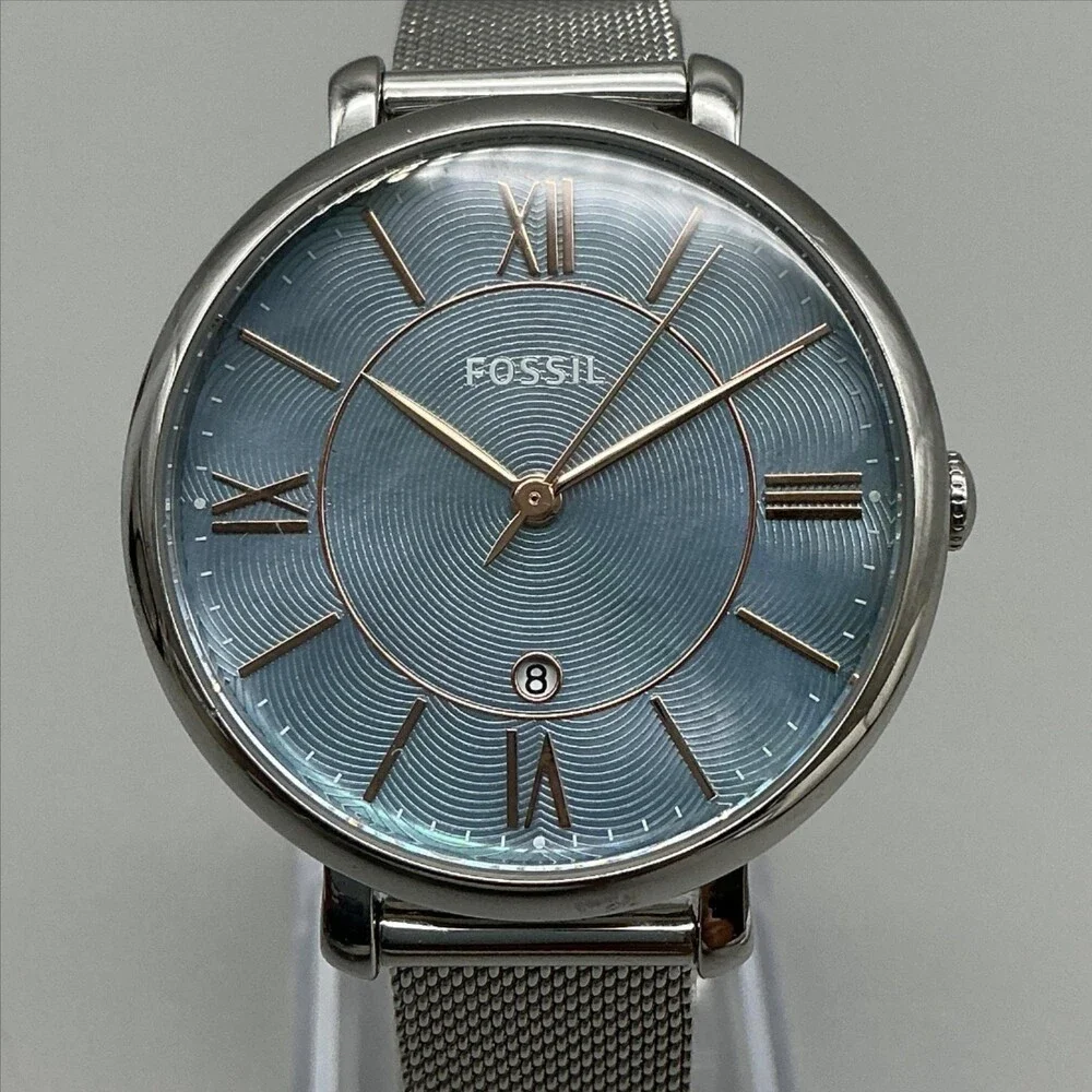 Fossil ES4322 Womens Watch 36mm Blue Dial Stainless Date Mesh Band New Battery
